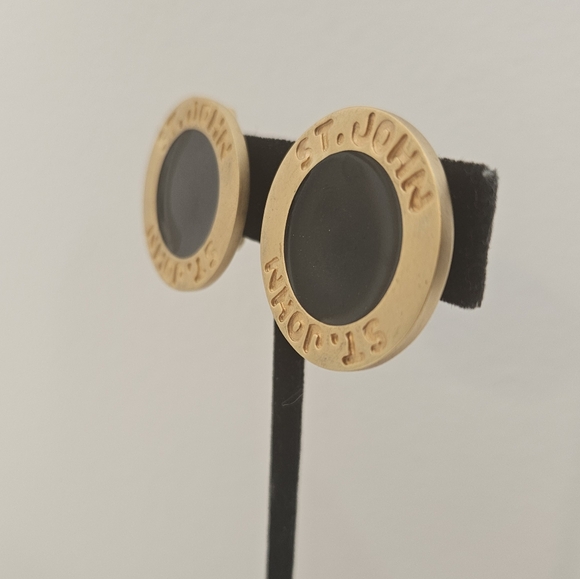 St. John gold tone black enamel earrings 1-1/4th in clip on - Picture 3 of 12